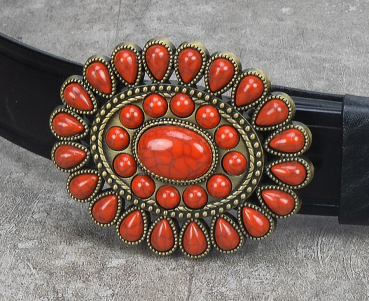 "ILC" Belt Buckle - Starburst Turquoise Stone - AB/Red - 170046-03